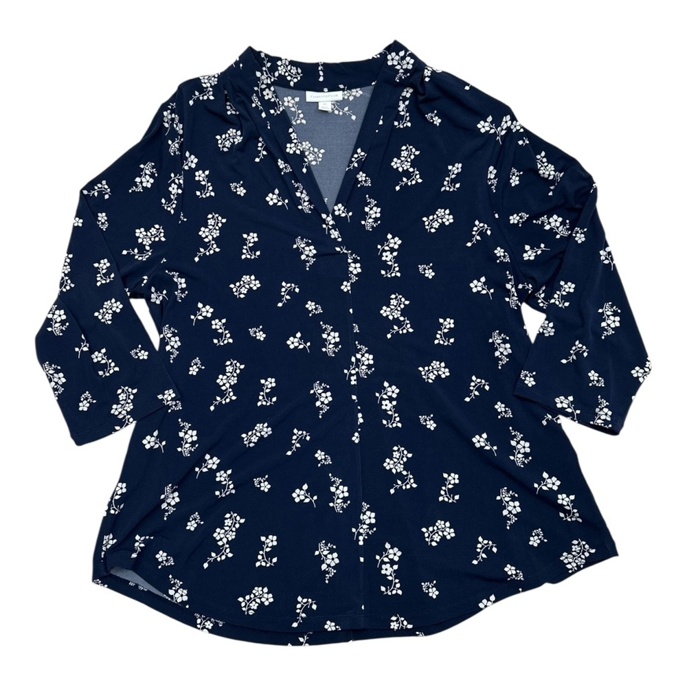 Charter Club Navy and White Floral Blouse - Size XXL